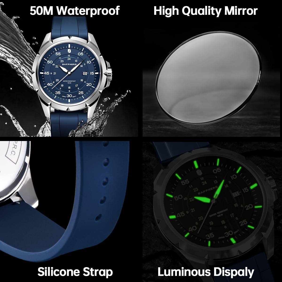 HOTSAPPHERO Mens Watch 50M Waterproof Luminous Quartz Analog Watches with Date Display Casual Stylish Work Business Classic Silicone Strap Men's Wrist Watches Elegant Gifts for Men