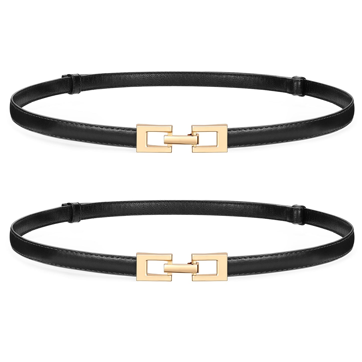 HOTWERFORU 2 Pack Women Skinny Belt Thin Waist Belt for Pants Leather Belt with Gold Buckle for Jeans Dress,0.6" width