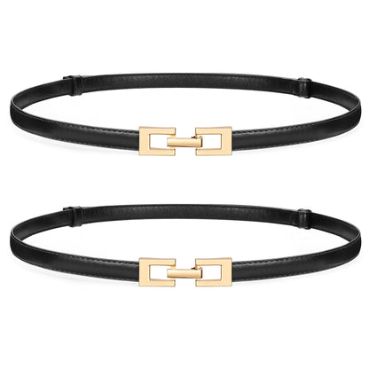 HOTWERFORU 2 Pack Women Skinny Belt Thin Waist Belt for Pants Leather Belt with Gold Buckle for Jeans Dress,0.6" width