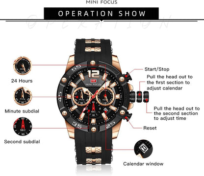 HOTMF MINI FOCUS Men Watches Unique Casual Wrist Watches (Chronograph/Waterproof/Luminous/Calendar/24 Hours) Silicon Band Fashion Watches for Men