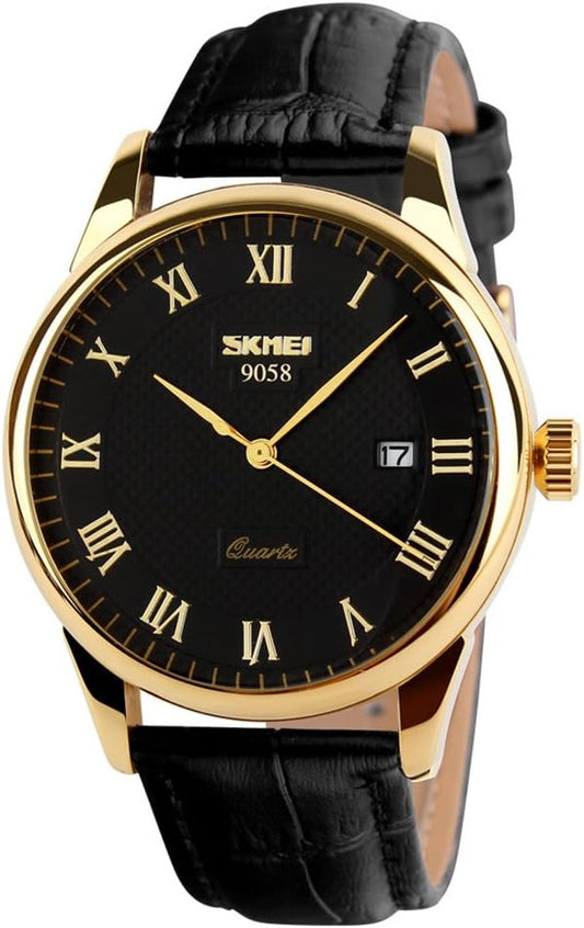 HOTSKMEI Business Men’s Quartz Wristwatches Roman Numeral Leather Band Casual Water Resist Analog Watches