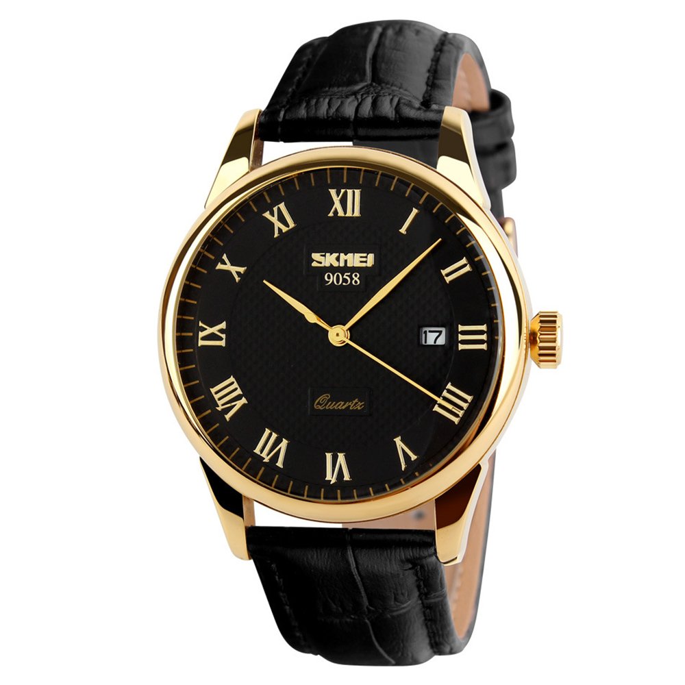 HOTSKMEI Business Men’s Quartz Wristwatches Roman Numeral Leather Band Casual Water Resist Analog Watches