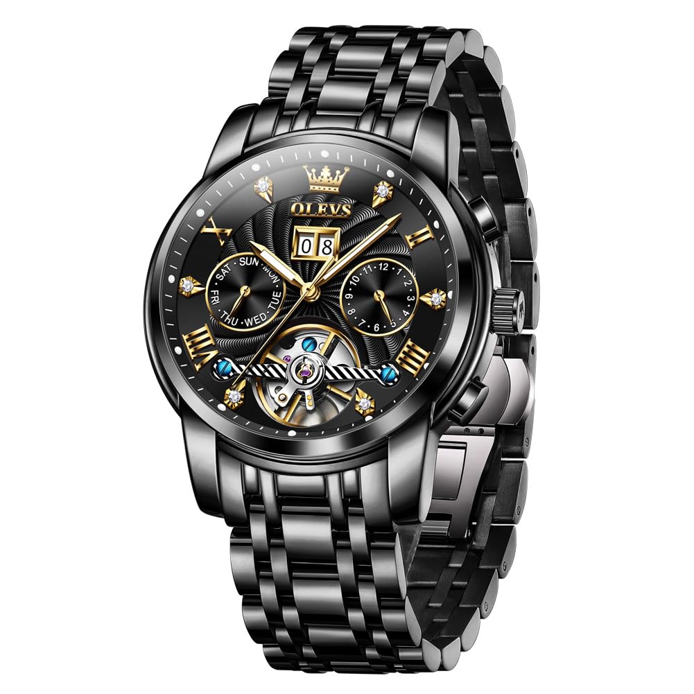 HOTOLEVS Mens Watches Luxury Waterproof Luminous Easy Read Chronograph Watches Full Gold/White Dail/Black Face with Calendar Wrist Watches