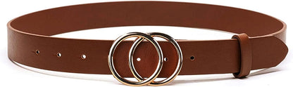 HOTEarnda Women's Leather Belt Fashion Gold Buckle Waist Belts for Jeans Dress | 1.3 in Wide, Soft Faux Leather, Trendy Double O-Ring Shapes Buckle, for Dress Blouse Sweater or Coats Daily Outfits