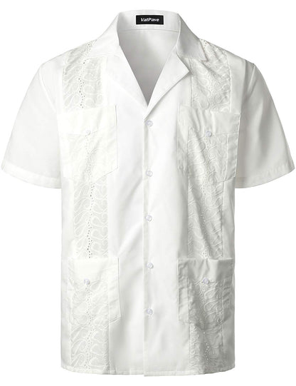 HOTVATPAVE Mens Short Sleeve Button Down Cuban Guayabera Shirts | Camp Collar, Button Up, Wedding, Breathable, Casual Stylish, Summer, Hawaiian, Vacation, Embroidered, Holiday, with Pocket