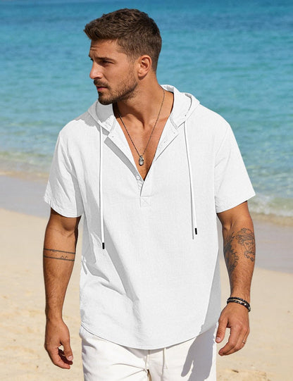 HOTMen's Cotton Linen Shirts Short Sleeve Casual Button Down Hoodies Summer Hawaiian Beach Top with Drawstring