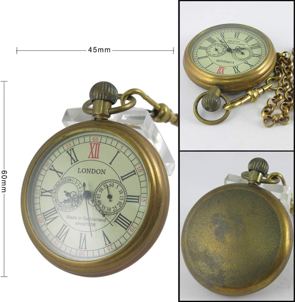 HOTVIGOROSO Men's Vintage Full Copper Hand-Wind Mechanical Second&24hours Sub-dials Pocket Watch in Box
