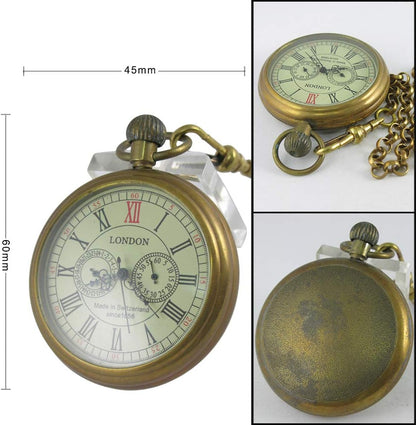 HOTVIGOROSO Men's Vintage Full Copper Hand-Wind Mechanical Second&24hours Sub-dials Pocket Watch in Box