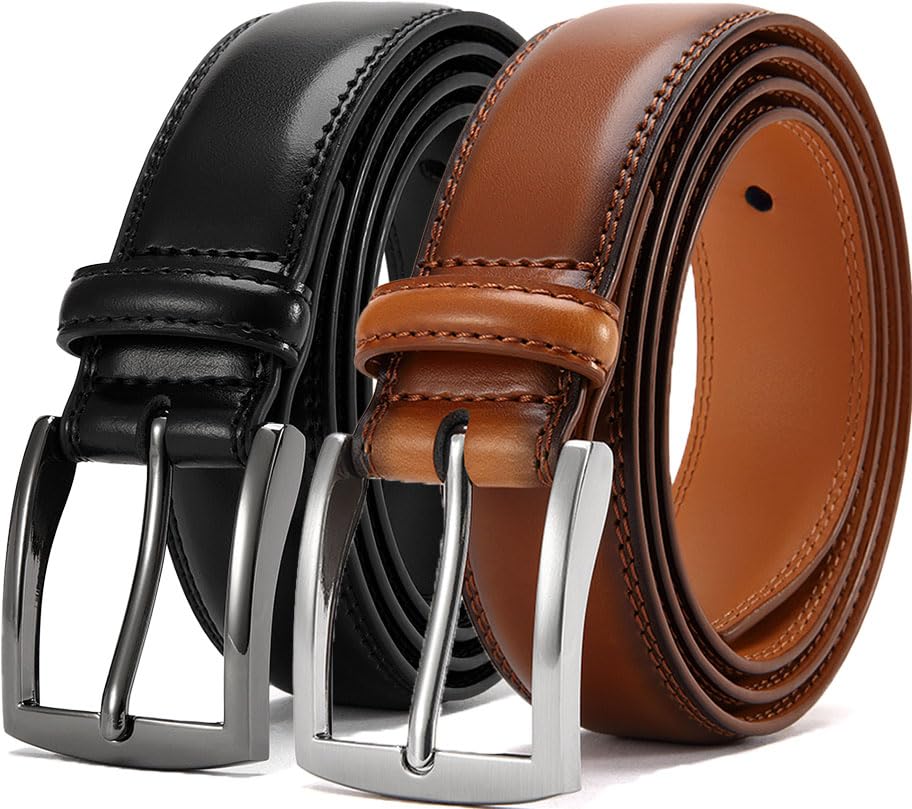 HOTDOOPAI Men's Genuine Leather Dress Belt 2Pack - Handmade Classic Casual and Business Belt, 100% Cow Leather Prong Buckle,