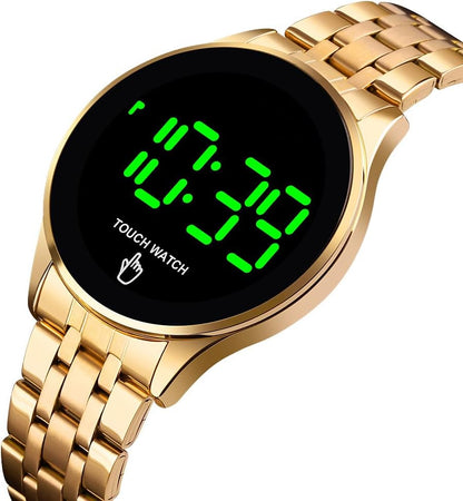 HOTPASOY Touch Screen Digital LED Watch Green Highlight Backlight Stainless Steel WatchBand Waterproof Casual Sport Mens Womens Boys Watch (Gold)
