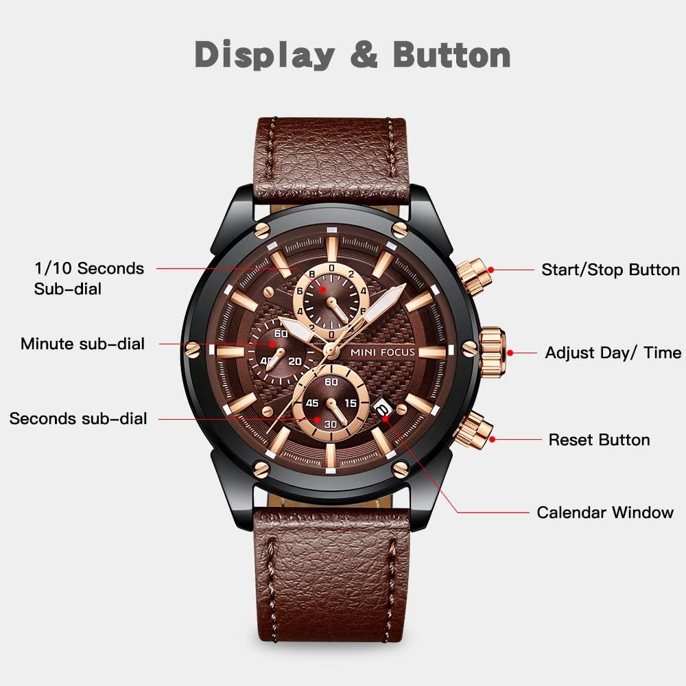 HOTMINI Focus Men Watches Business Casual Wrist Watches (Multifunction/Waterproof/Luminous/Calendar) Genuine Leather Band Fashion Watch for Men