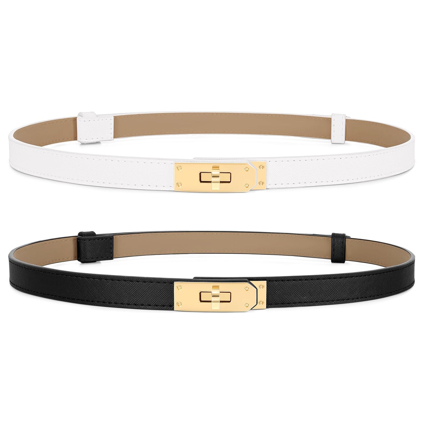 HOT2 Pack Women Skinny Leather Belt for Dresses Jeans Solid Color Alloy Turn Lock