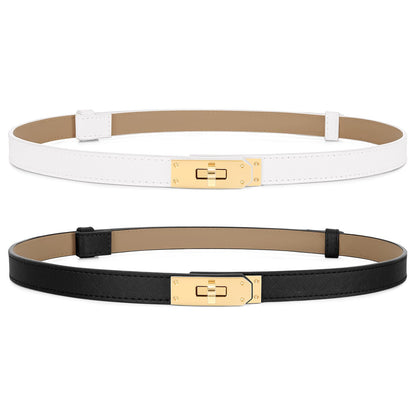 HOT2 Pack Women Skinny Leather Belt for Dresses Jeans Solid Color Alloy Turn Lock