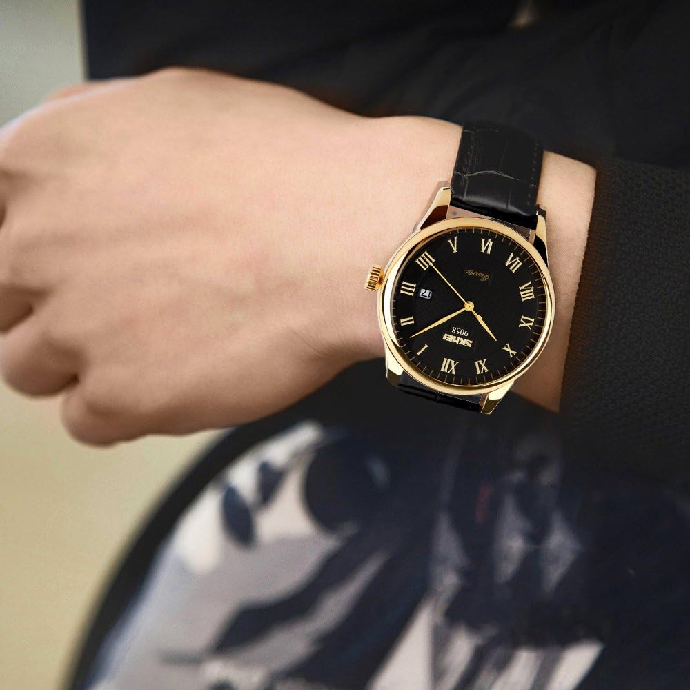 HOTSKMEI Business Men’s Quartz Wristwatches Roman Numeral Leather Band Casual Water Resist Analog Watches