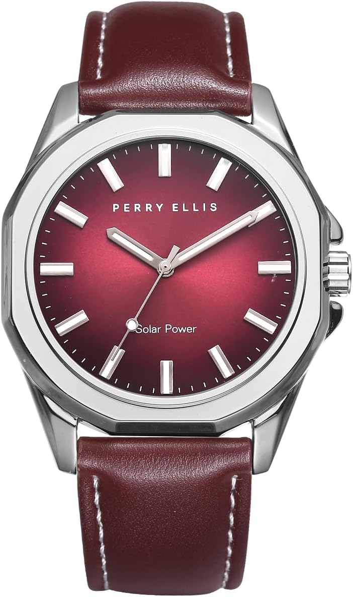 HOTPerry Ellis Solar Powered Mens Watch | Vegan Leather Water-Resistant Analog Wrist Watches for Men | 42mm Case | Relojes para Hombres | Elegant Gift for Man
