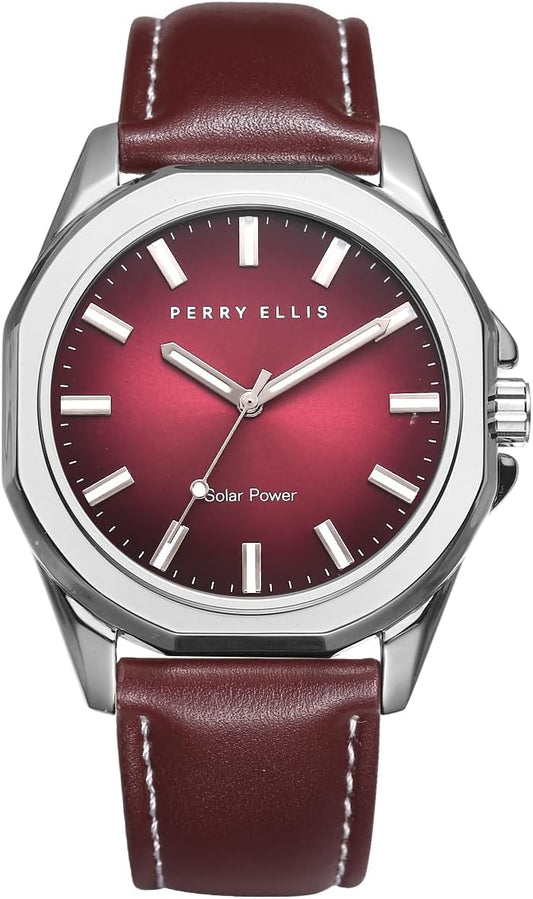 HOTPerry Ellis Solar Powered Mens Watch | Vegan Leather Water-Resistant Analog Wrist Watches for Men | 42mm Case | Relojes para Hombres | Elegant Gift for Man