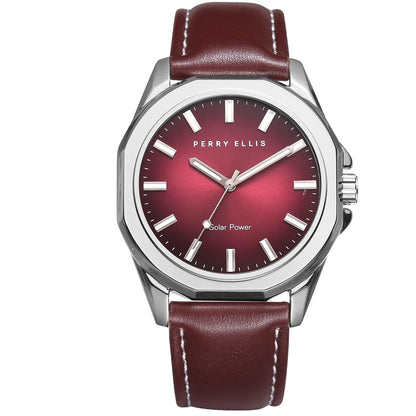 HOTPerry Ellis Solar Powered Mens Watch | Vegan Leather Water-Resistant Analog Wrist Watches for Men | 42mm Case | Relojes para Hombres | Elegant Gift for Man