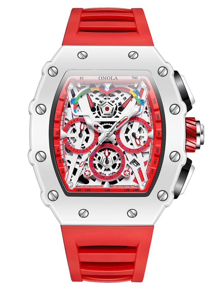 HOTFANMIS Fashion Hollowed Men Watches Tonneau Skeleton Dial Big Face 30M Water Resistant Chronograph Casual Watch with Silicone Strap Multifunctional Outdoor Sports Watch for Men’s