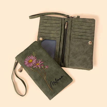 HOTPersonalized Wallets for Women – Custom Wallet with Watercolor Birth Flower & Name, PU Leather Tri-Fold Wristlet Wallet Women, Card Holder Birthday Anniversary Christmas Gift