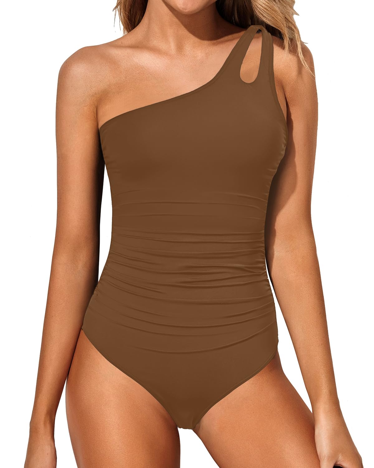 HOTWomen's One Shoulder One Piece Tummy Control Swimsuit Full Coverage | Keyhole Design, Full Coverage Fit, Modest Style, Ruched Waist, Adjustable Shoulder Strap, Removable Soft Cups