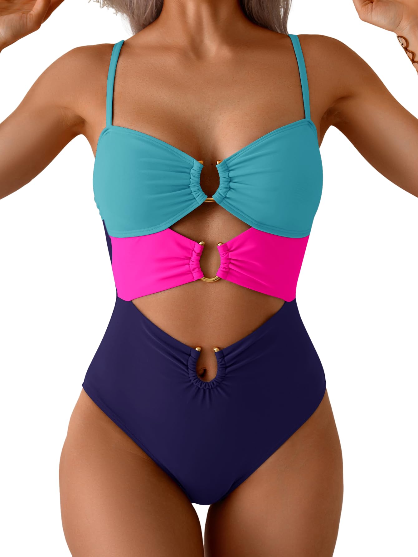 HOTEomenie Womens Cutout One Piece Swimsuit Sexy Bathing Suit | Ring Linked, Adjustable Spaghetti Straps, Bra Support, Soft Removable Cups, Monokini for Beach Vacation, Pool Side