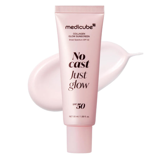 HOTmedicube Sunscreen No Cast Just Glow Collagen | SPF 50 Broad Spectrum Face Sunscreen | Lightweight, Non-Sticky, Hydrating Formula | Peptide, Cica for Soothing & Glow | Korean Skincare