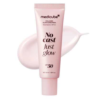 HOTmedicube Sunscreen No Cast Just Glow Collagen | SPF 50 Broad Spectrum Face Sunscreen | Lightweight, Non-Sticky, Hydrating Formula | Peptide, Cica for Soothing & Glow | Korean Skincare