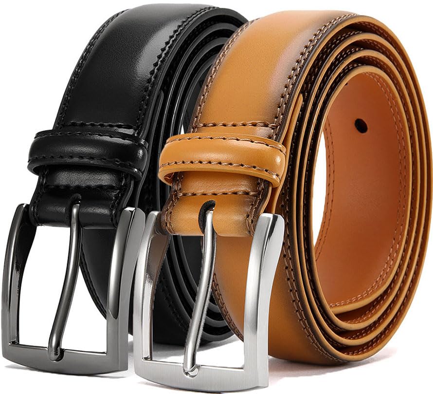 HOTDOOPAI Men's Genuine Leather Dress Belt 2Pack - Handmade Classic Casual and Business Belt, 100% Cow Leather Prong Buckle,