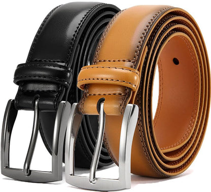HOTDOOPAI Men's Genuine Leather Dress Belt 2Pack - Handmade Classic Casual and Business Belt, 100% Cow Leather Prong Buckle,