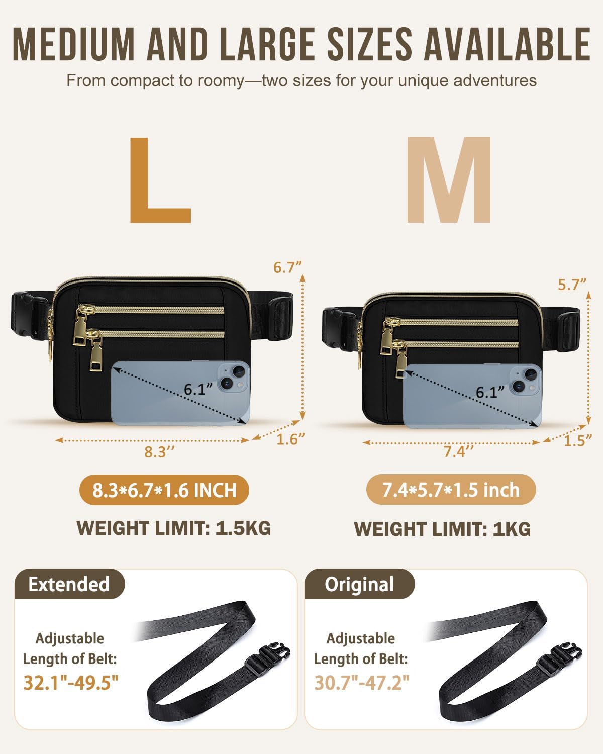 HOTCapolo Fanny Packs for Women Fashion Waist Packs Bag with Adjustable Strap and 4 Zipper Pockets Waterproof Everywhere Crossbody Belt Bag for Workout Running Travelling(Black, Large)