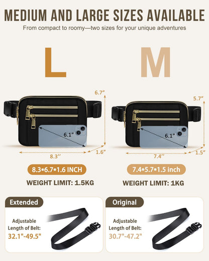HOTCapolo Fanny Packs for Women Fashion Waist Packs Bag with Adjustable Strap and 4 Zipper Pockets Waterproof Everywhere Crossbody Belt Bag for Workout Running Travelling(Black, Large)