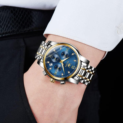 HOTOLEVS Men's Stainless Steel Chronograph Watch, Big Face Gold Silver Black Tone Easy to Read Analog Quartz Watch, Luxury Waterproof Date Diamond Roman Arabic Numerals Dial Dress Watch for Men
