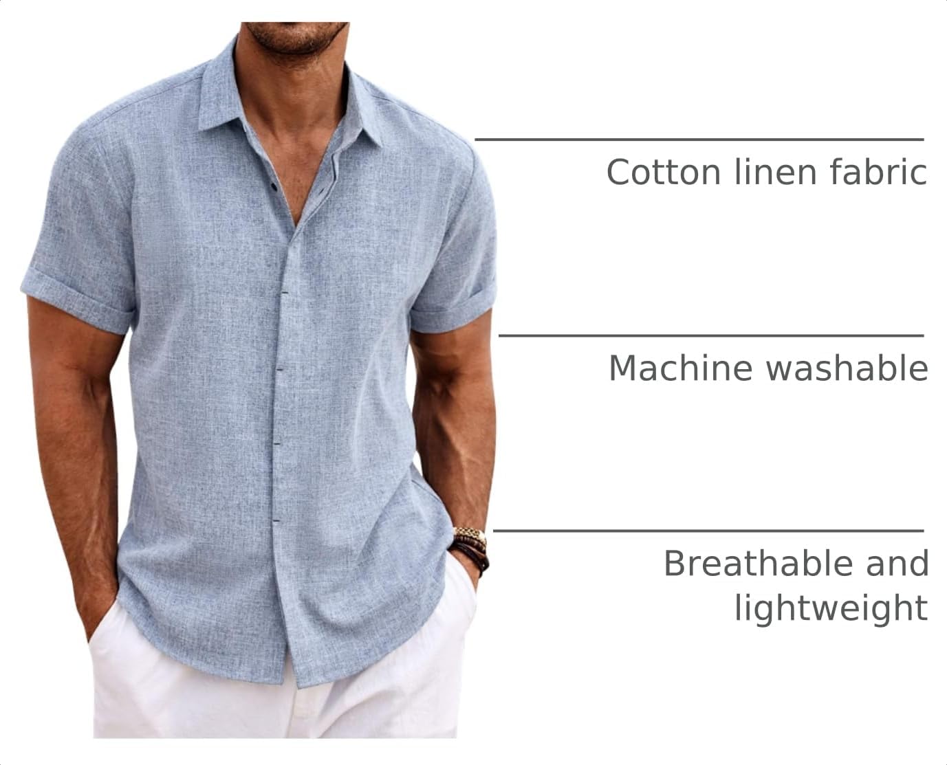 HOTCOOFANDY Men's Linen Shirts Short Sleeve Casual Shirts Button Down Shirt for Men Beach Summer Wedding Shirt