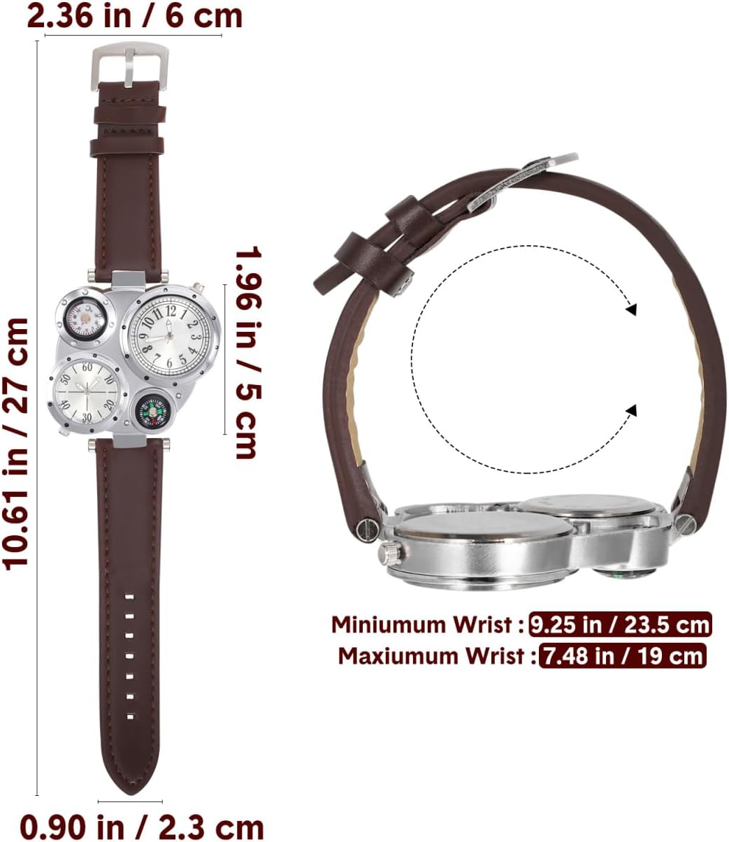 HOTNICERIO Mens Big Face Watches - Cool Wrist Watch Genuine Leather Strap Dual Time Zone Sport Watch Analog Quartz Display with Thermometer Compass