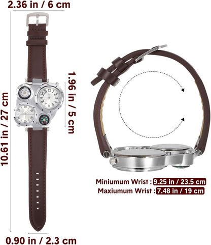 HOTNICERIO Mens Big Face Watches - Cool Wrist Watch Genuine Leather Strap Dual Time Zone Sport Watch Analog Quartz Display with Thermometer Compass