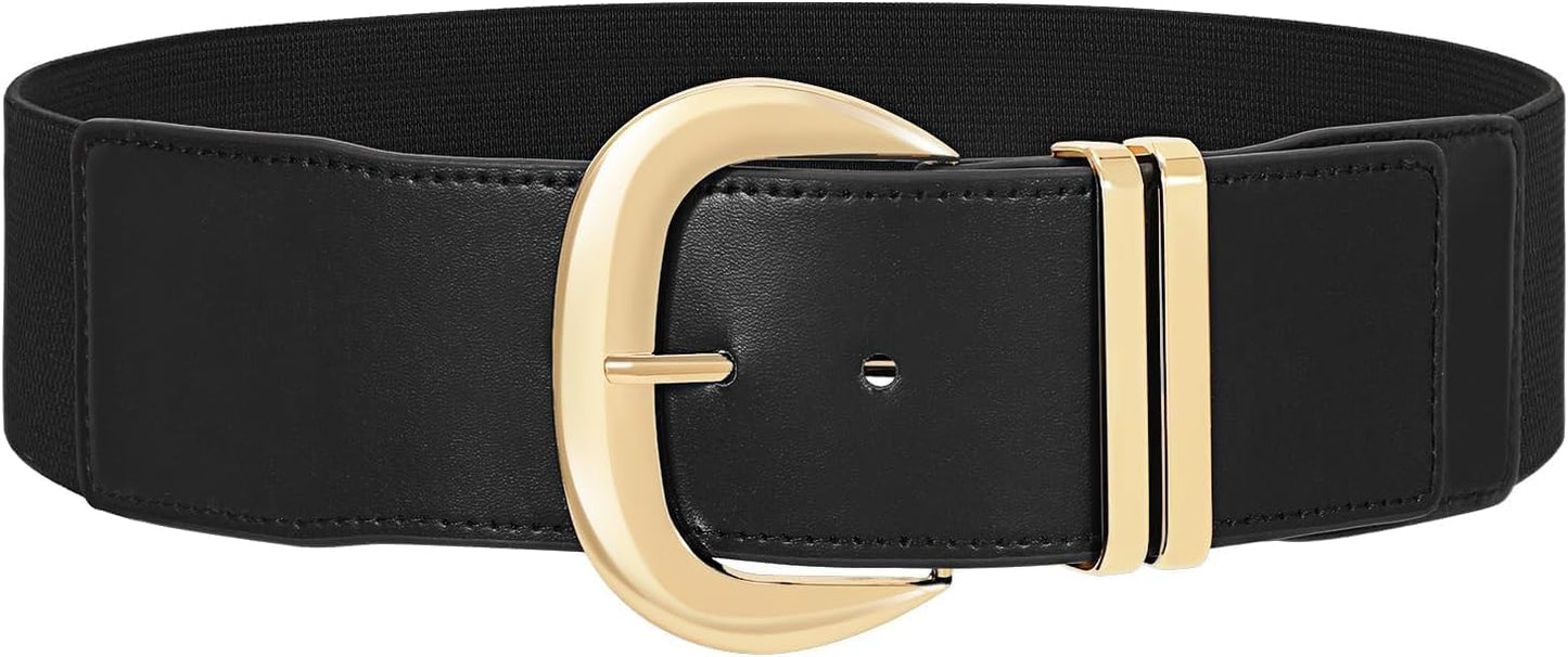 HOTWHIPPY Women Wide Elastic Waist Belt for Dresses Fashion Gold Buckle Stretchy Leather Waistband for Ladies