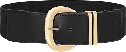 HOTWHIPPY Women Wide Elastic Waist Belt for Dresses Fashion Gold Buckle Stretchy Leather Waistband for Ladies