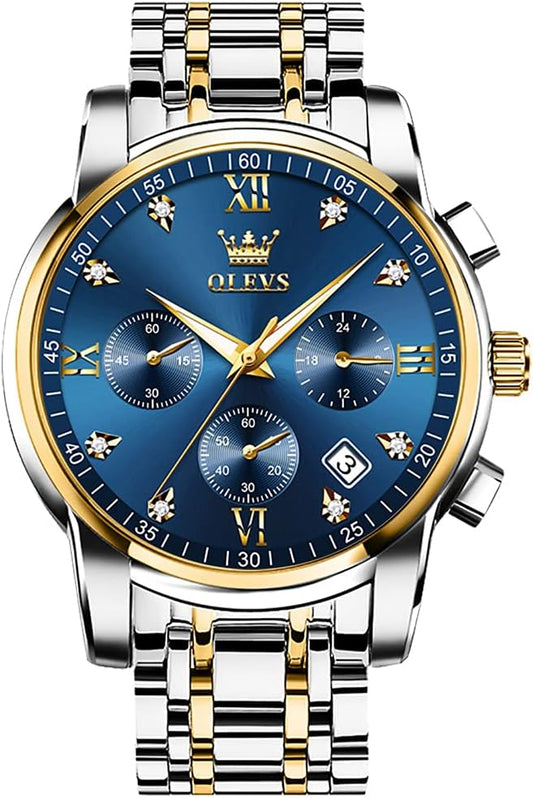 HOTOLEVS Men's Stainless Steel Chronograph Watch, Big Face Gold Silver Black Tone Easy to Read Analog Quartz Watch, Luxury Waterproof Date Diamond Roman Arabic Numerals Dial Dress Watch for Men