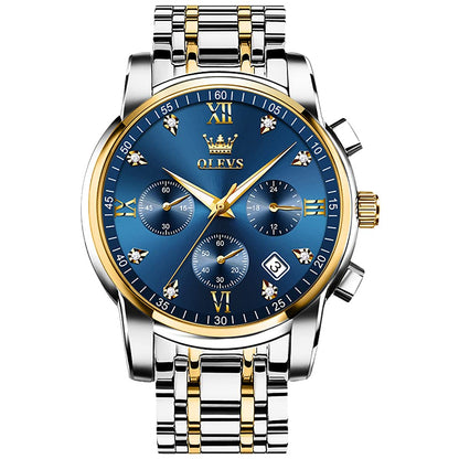 HOTOLEVS Men's Stainless Steel Chronograph Watch, Big Face Gold Silver Black Tone Easy to Read Analog Quartz Watch, Luxury Waterproof Date Diamond Roman Arabic Numerals Dial Dress Watch for Men