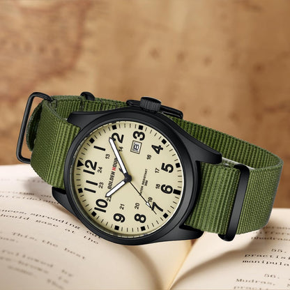 HOTGOLDEN HOUR Men's Nylon Slip-Thru Strap Watch with Military Time Easy Read Dial Glowing Hands