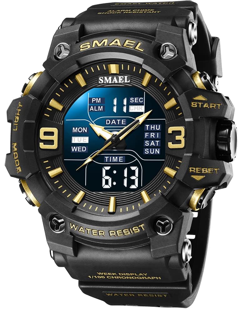 HOTGosasa Men's Large Face Outdoor Sports Watches Military S-Shock Watch Waterproof, Backlight, Alarm, Stopwatch Features - Rugged Wristwatch for Training, Hiking, and Adventure