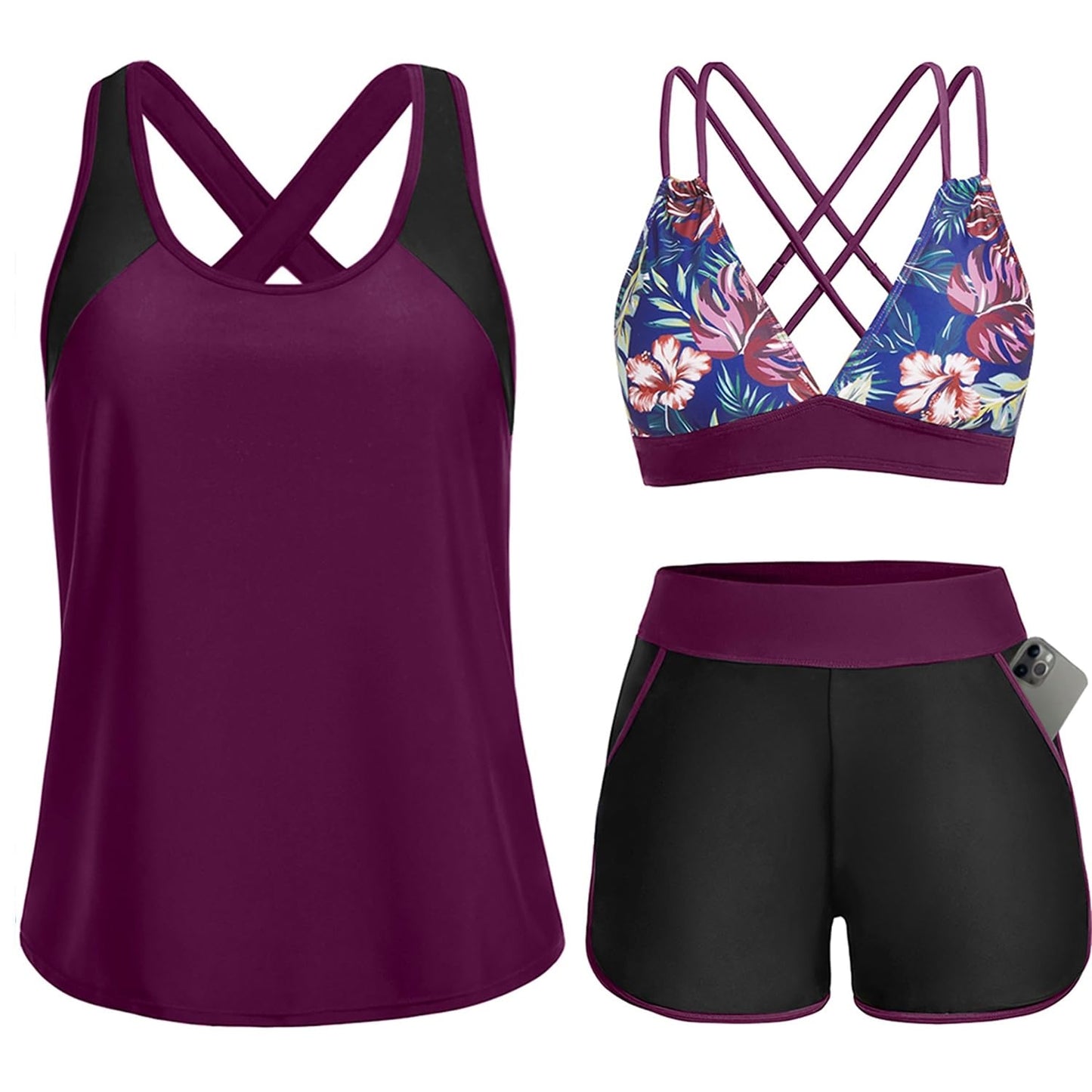 HOTWomen's 3 Piece Tankini Swimsuit Tummy Control with Bra Pocket Boy Shorts | Modest Bathing Suit, Athletic Style, Strappy-Back Support, High-Waist Fit, Built-In Brief, Side Pockets, Beach Swim Days