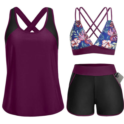 HOTWomen's 3 Piece Tankini Swimsuit Tummy Control with Bra Pocket Boy Shorts | Modest Bathing Suit, Athletic Style, Strappy-Back Support, High-Waist Fit, Built-In Brief, Side Pockets, Beach Swim Days