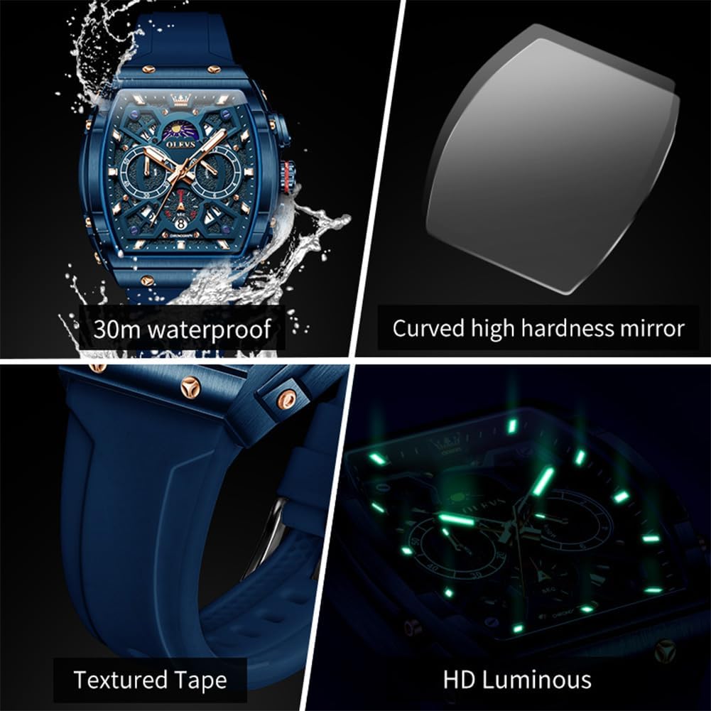 HOTOLEVS Mens Watches Stylish Chronograph Waterproof Luminous Silicon Strap Multifunction Watches for Men Business Men Wrist Watch