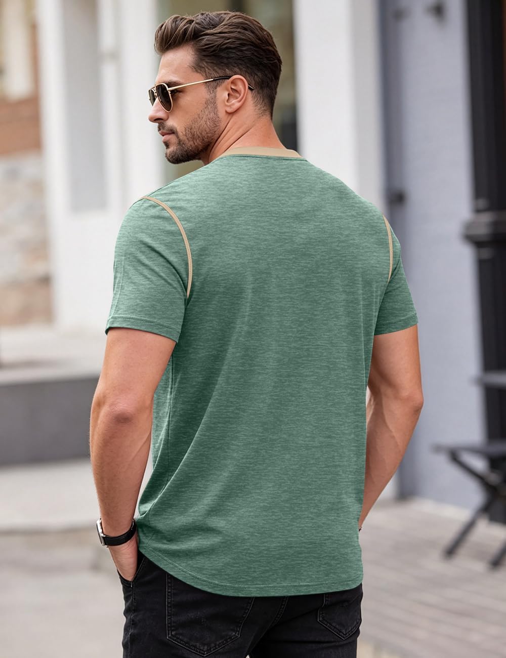 HOTMen's Henley Shirt Casual Button Short Sleeve T-Shirt Summer Patchwork Color Block Tee Shirts