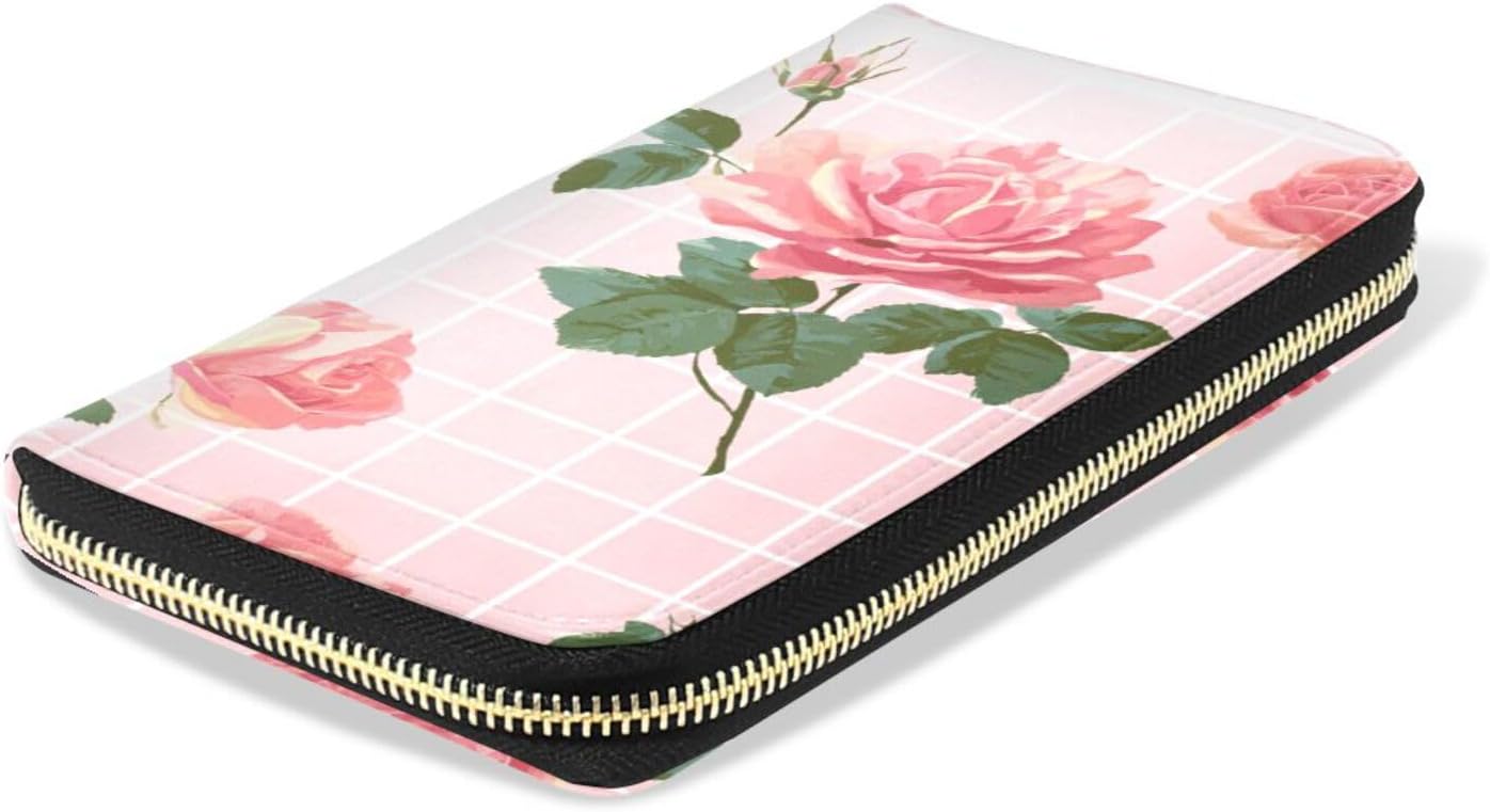 HOTWomens Long Leather Wallet Zip Around Clutch Purse Large Capacity Card Holder Organizer Pink Grid Roses