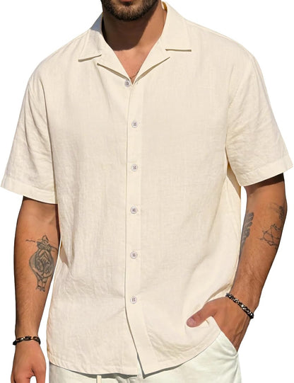 HOTMens Cotton Linen Shirt Casual Lightweight Button Down Shirt Short Sleeve Summer Beach Vacation Tops