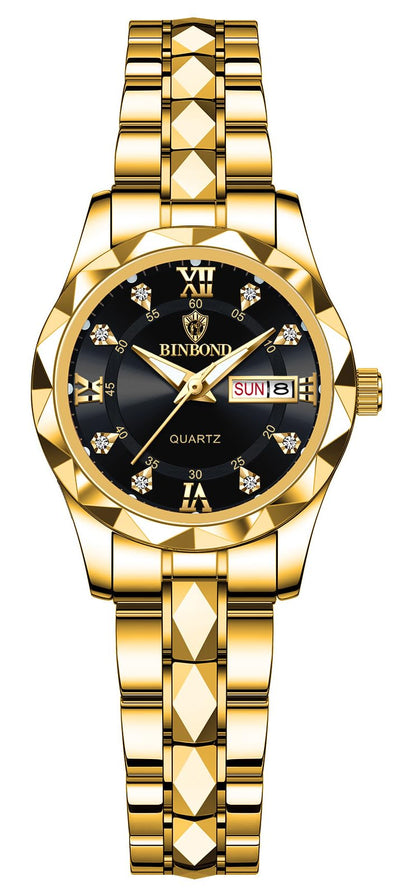 HOTGosasa Luxury Men's and Women's Business Diamond Stainless Steel Waterproof Roman Numeral Analog Quartz Watch with Day-Date Calendar, Gold and Silver Tone