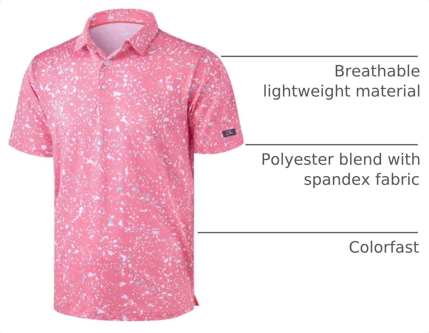 HOTObla Mens Golf Polo Shirts Short Sleeve Dry Fit Performance Moisture Wicking Casual Print Collared Golf Shirts for Men