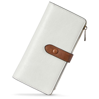 HOTBOSTANTEN Womens Leather Wallet RFID Large Capacity Credit Card Holder | 4 ID Windows, 16 Card Slots, Zipper Coin Pocket, Clutch Wallet, Long Bifold, Ladies Gifts, Brown